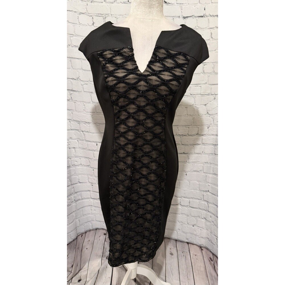 Connected Apparel Sheath Dress Women's Black Tan Metallic Lace Front Size 10 - Picture 1 of 7